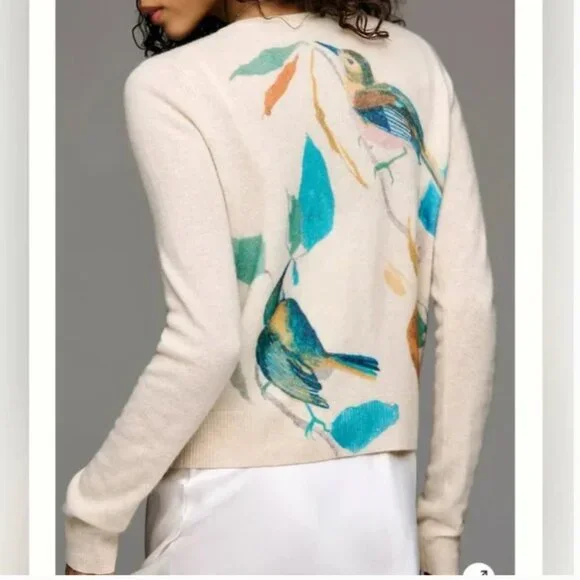 Anthropologie The Juliet Cashmere Cardigan Sweater Birds Graphics size S - Picture 2 of 11